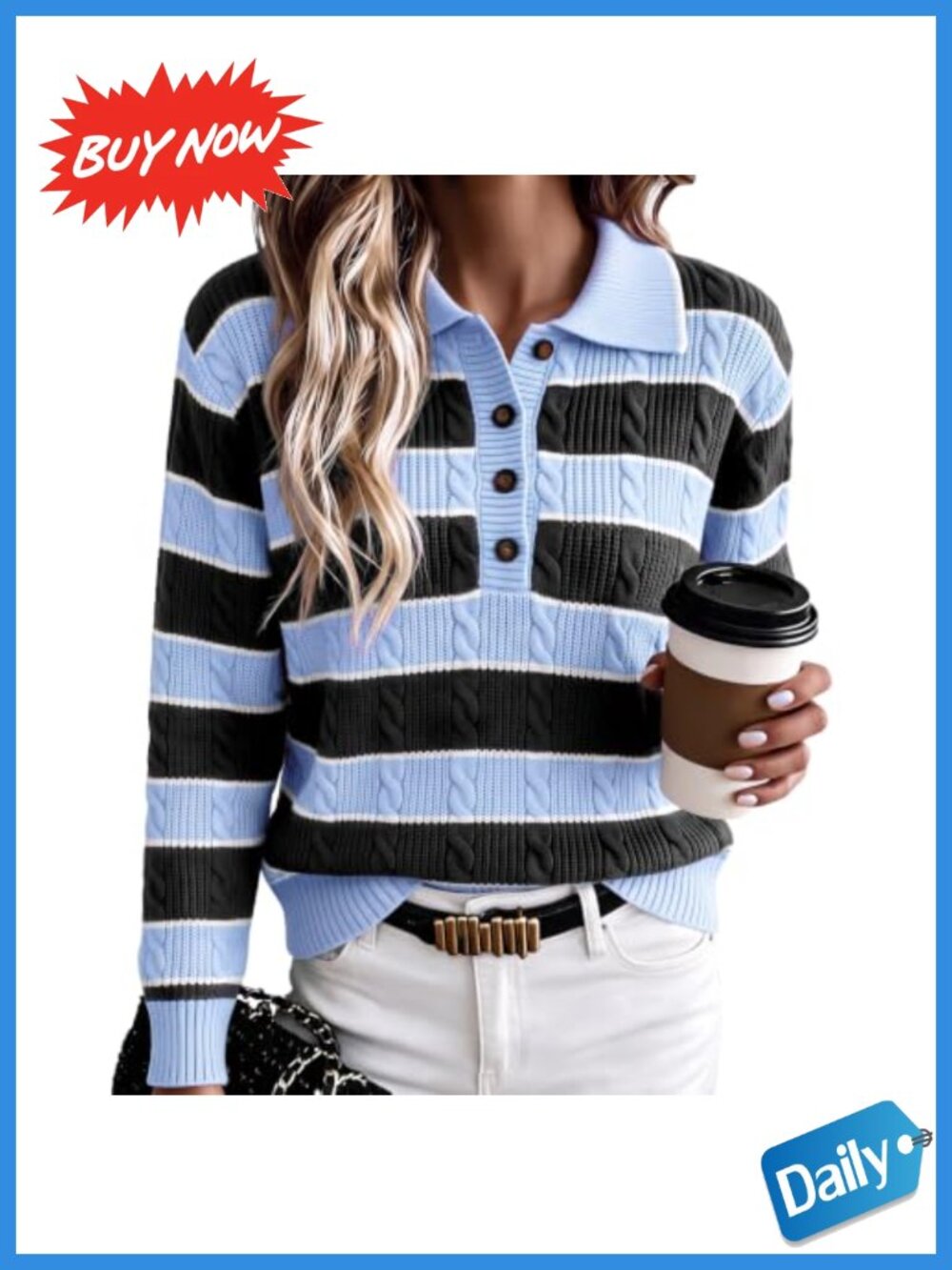 Cable Knit Polo V Neck Striped Pullover Sweater Oversized